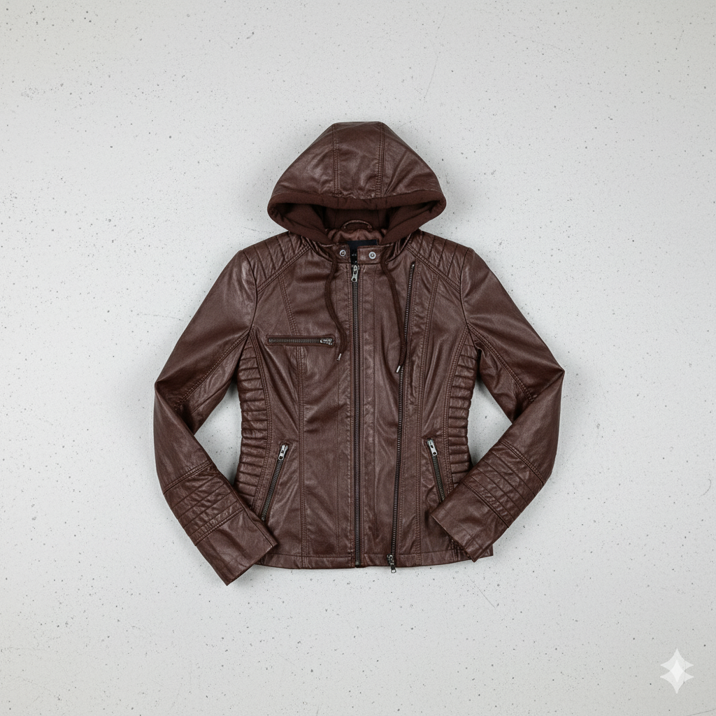 Damen Lederjacke mit Kapuze | Modern & Abnehmbar | Übergang