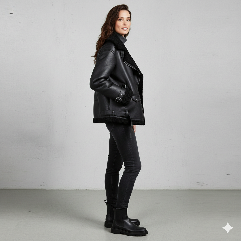 Damen Jacke mit Kunstfellkragen | Biker Style & Warm | Winter