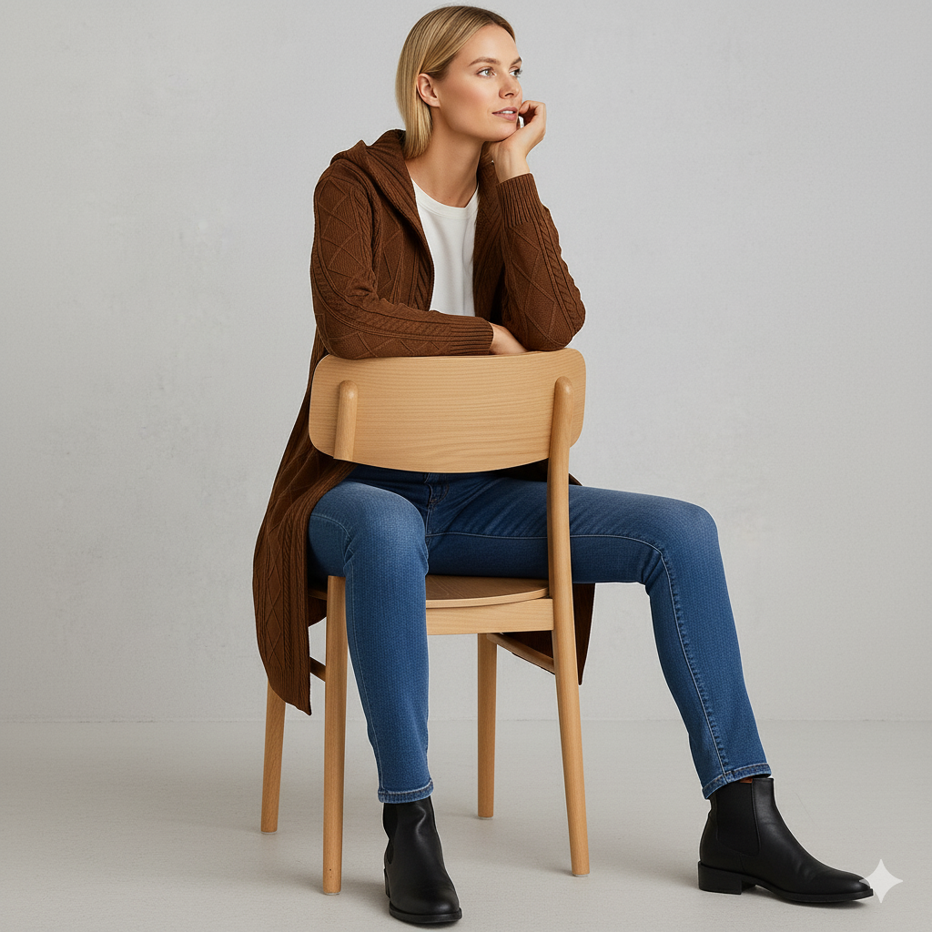 Langer Damen Strickmantel mit Kapuze | Elegant & Warm für Herbst/Winter