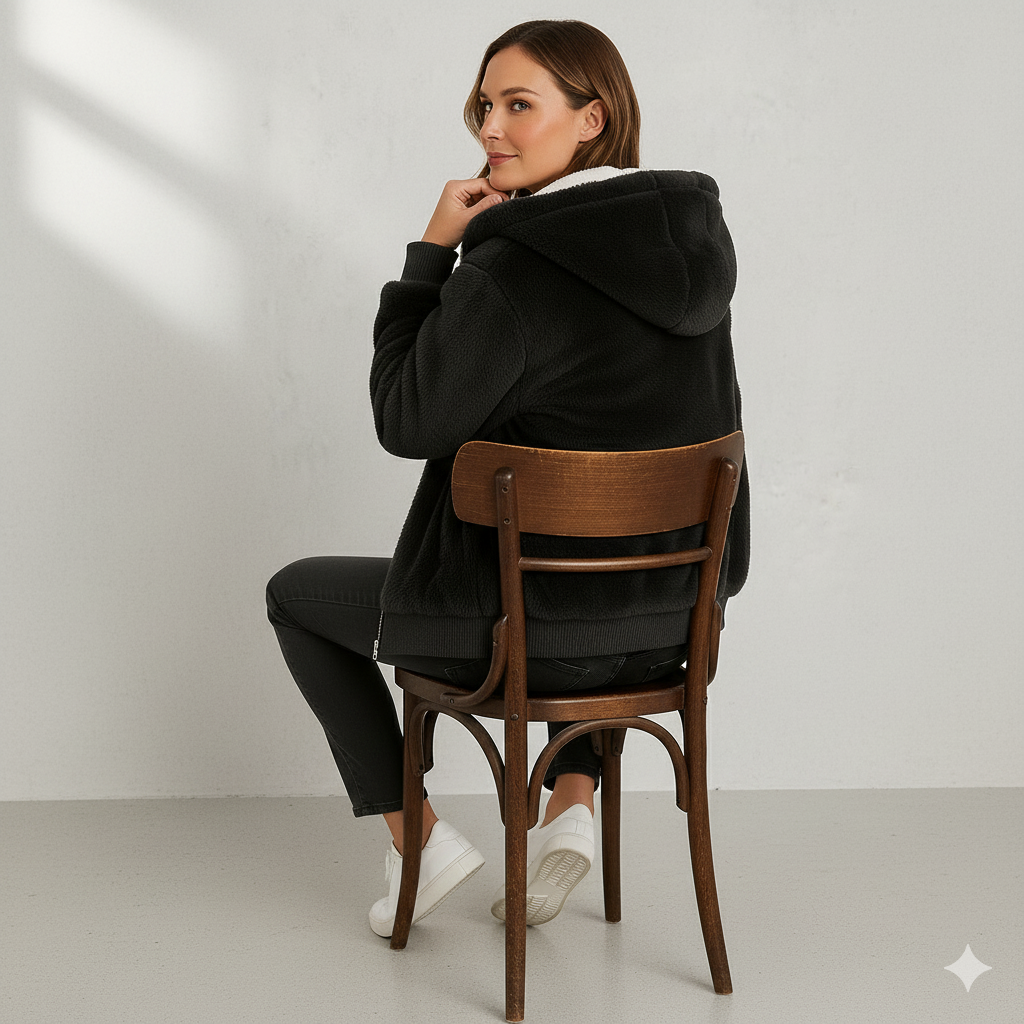 Kuschelige Damen Plüschjacke mit Kapuze und Reißverschluss | Winter