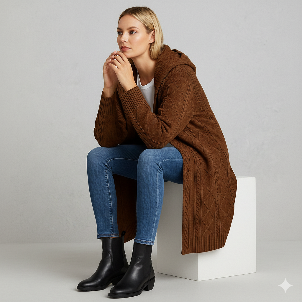 Langer Damen Strickmantel mit Kapuze | Elegant & Warm für Herbst/Winter