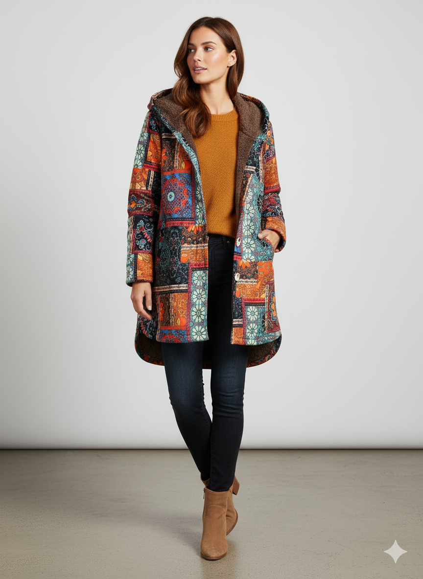 Damen Winterjacke mit Ethno Muster | Warm & Bequem | Kapuze