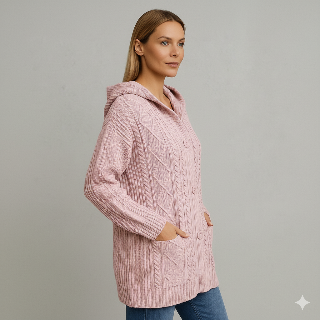 Langer Damen Strickmantel mit Kapuze | Elegant & Warm für Herbst/Winter