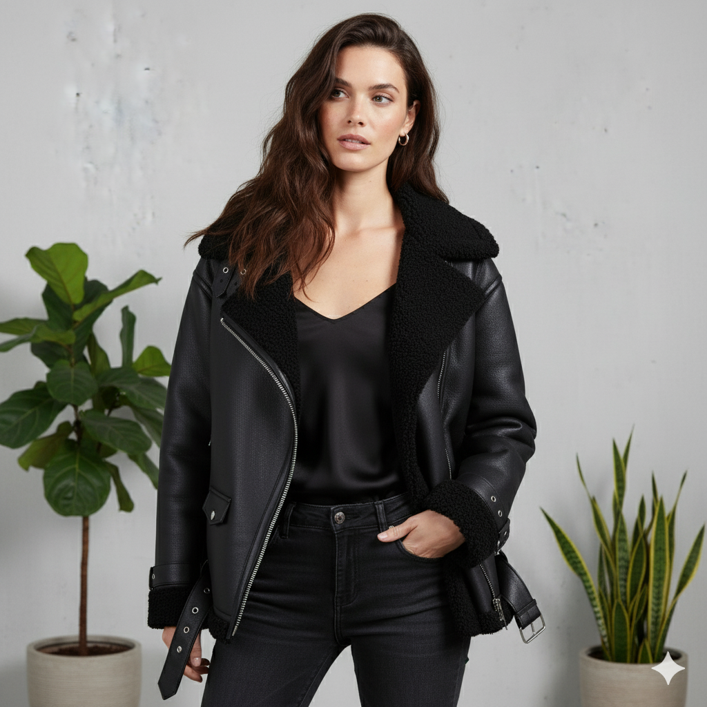 Damen Jacke mit Kunstfellkragen | Biker Style & Warm | Winter