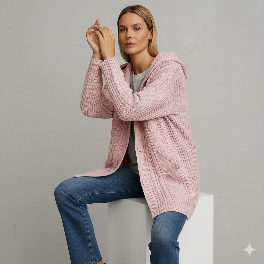 Langer Damen Strickmantel mit Kapuze | Elegant & Warm für Herbst/Winter