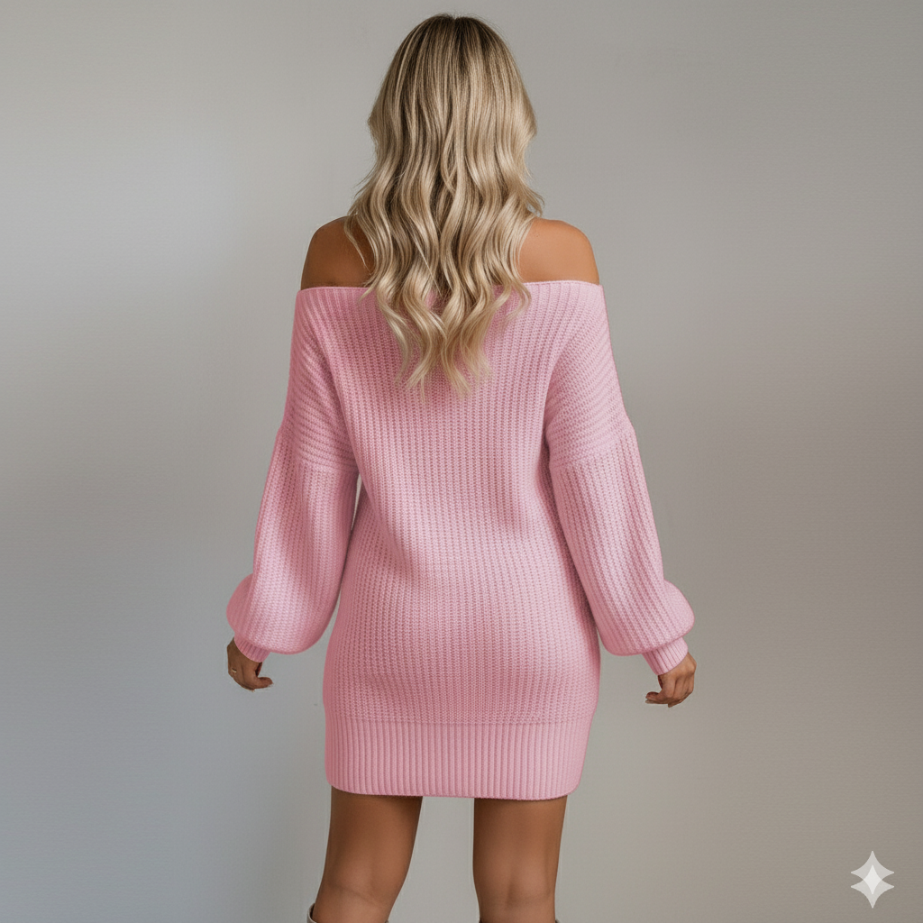 Damen Strickkleid schulterfrei | Elegant & Warm für Herbst Winter