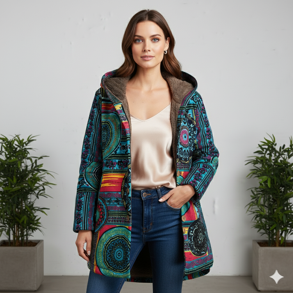 Damen Winterjacke mit Ethno Muster | Warm & Bequem | Kapuze