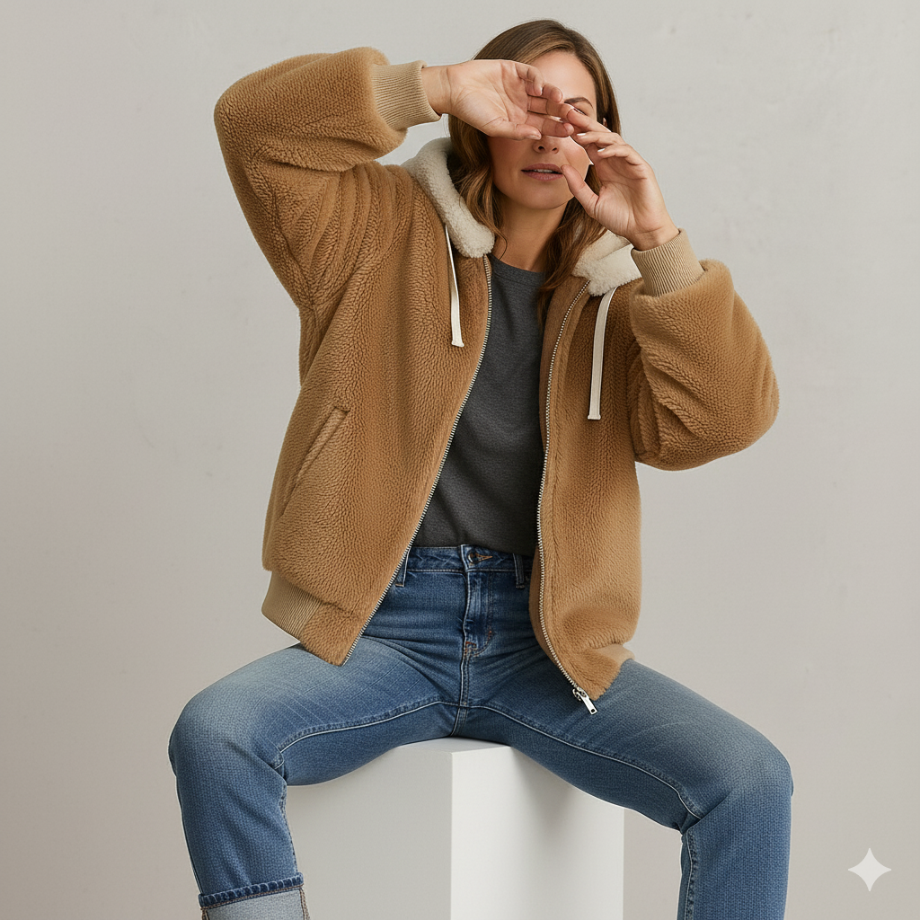 Kuschelige Damen Plüschjacke mit Kapuze und Reißverschluss | Winter