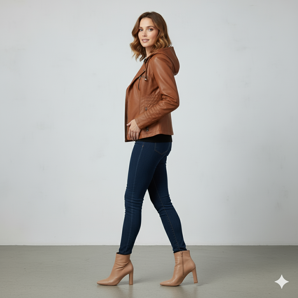 Damen Lederjacke mit Kapuze | Modern & Abnehmbar | Übergang