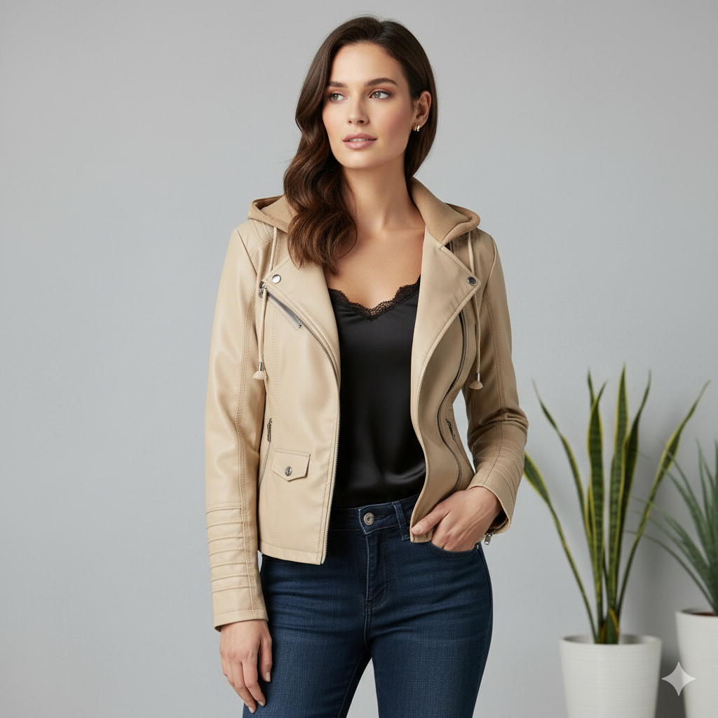Damen Lederjacke mit Kapuze | Modern & Abnehmbar | Übergang