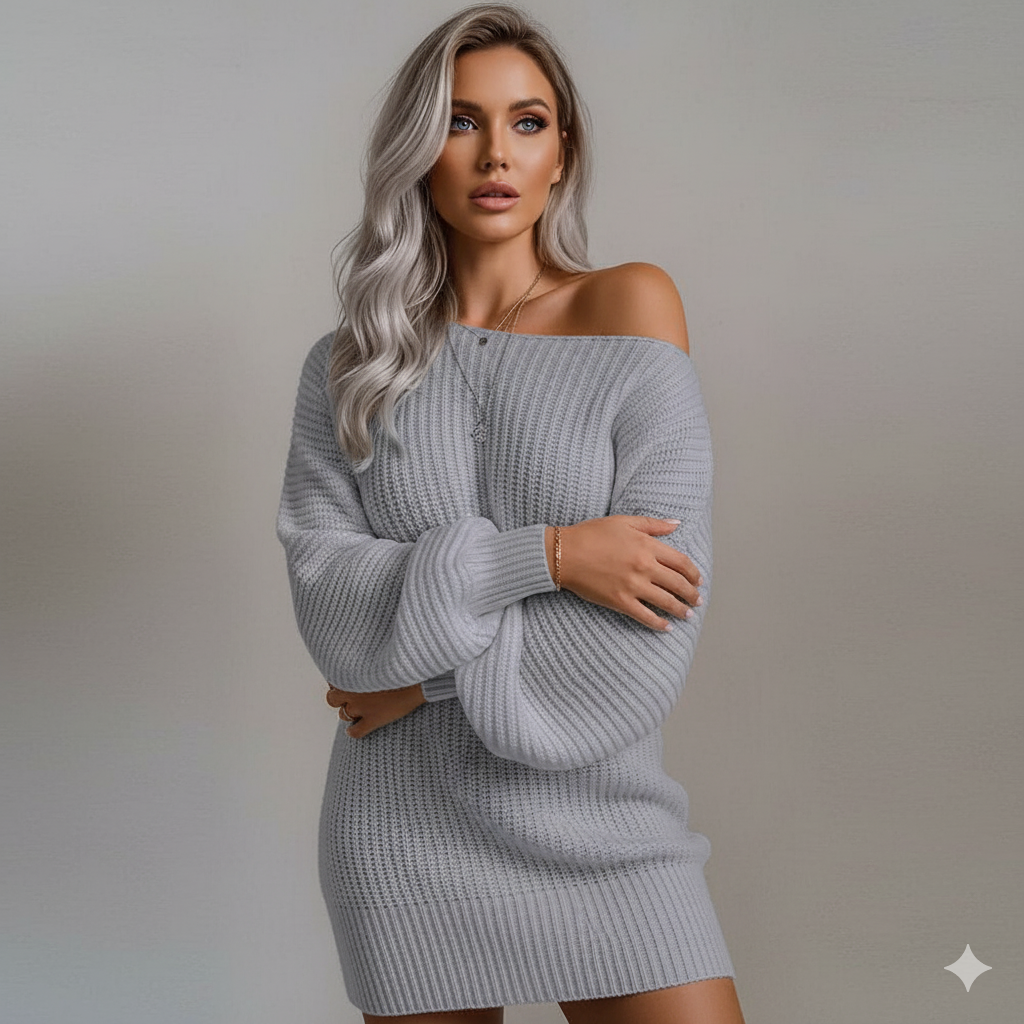 Damen Strickkleid schulterfrei | Elegant & Warm für Herbst Winter