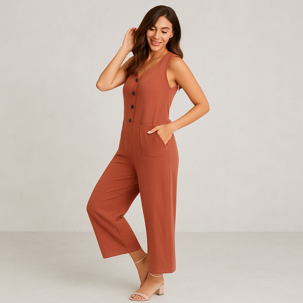 Damen Leinen Jumpsuit ärmellos | Herbst Elegant mit Knopfleiste