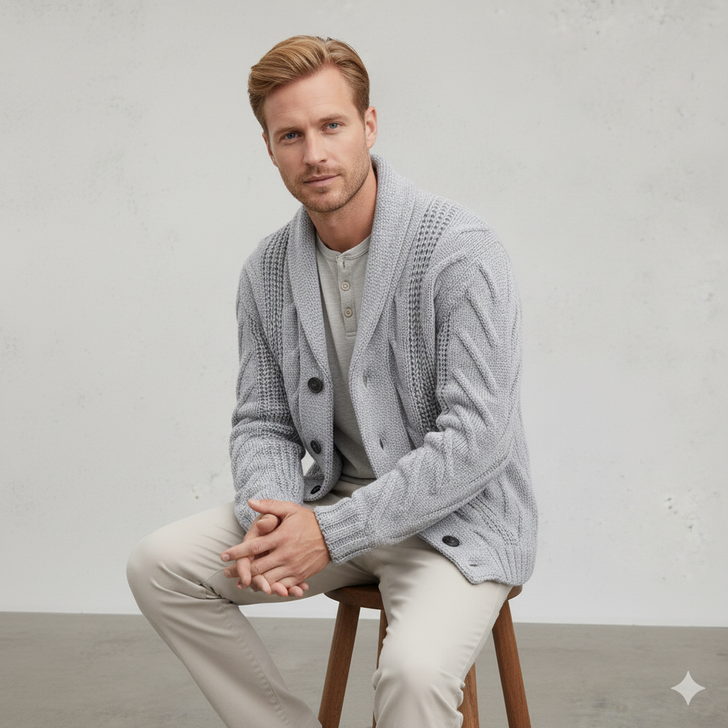 Herren Strickjacke mit Schalkragen und Zopfmuster | Winter