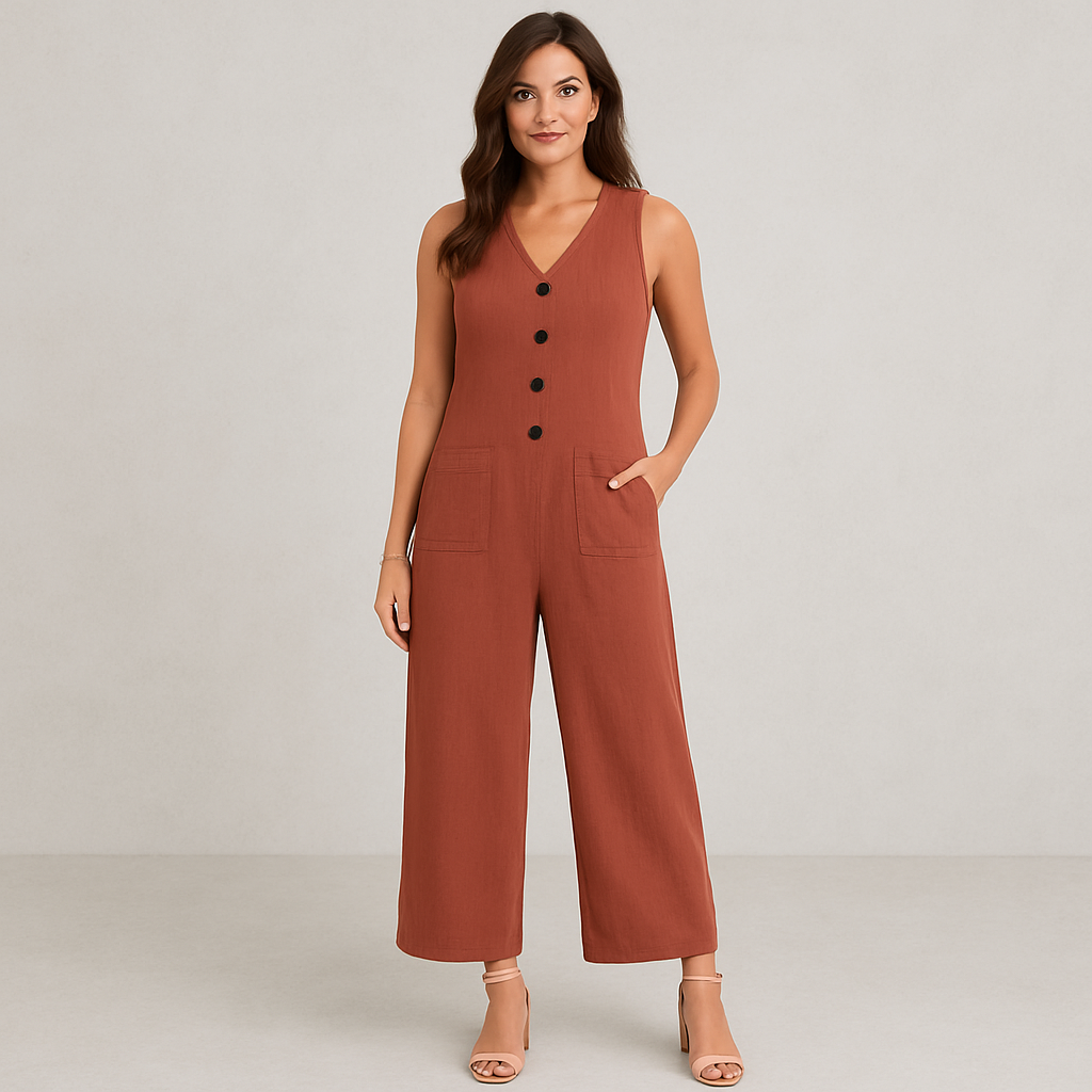 Damen Leinen Jumpsuit ärmellos | Herbst Elegant mit Knopfleiste