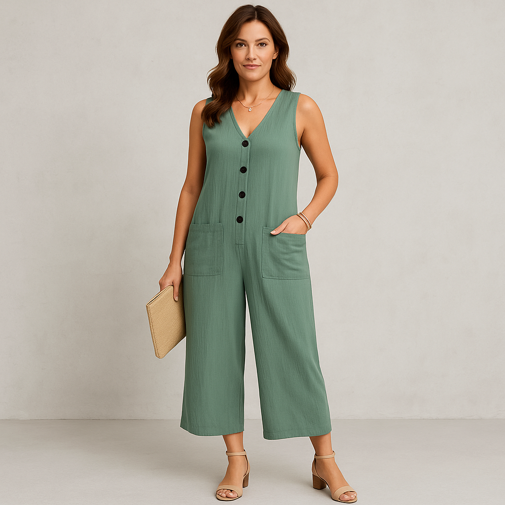 Damen Leinen Jumpsuit ärmellos | Herbst Elegant mit Knopfleiste