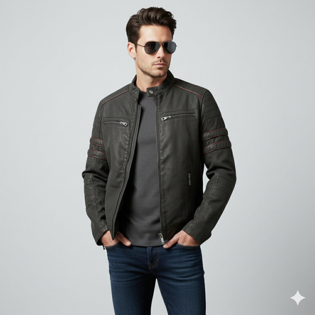 Herren Bikerjacke aus Veganleder mit Stehkragen | Herbst Winter