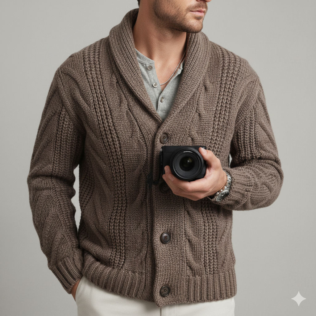 Herren Strickjacke mit Schalkragen und Zopfmuster | Winter