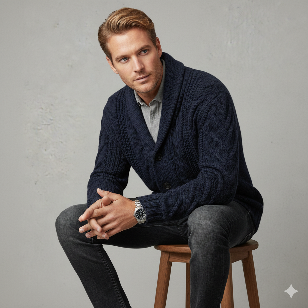 Herren Strickjacke mit Schalkragen und Zopfmuster | Winter