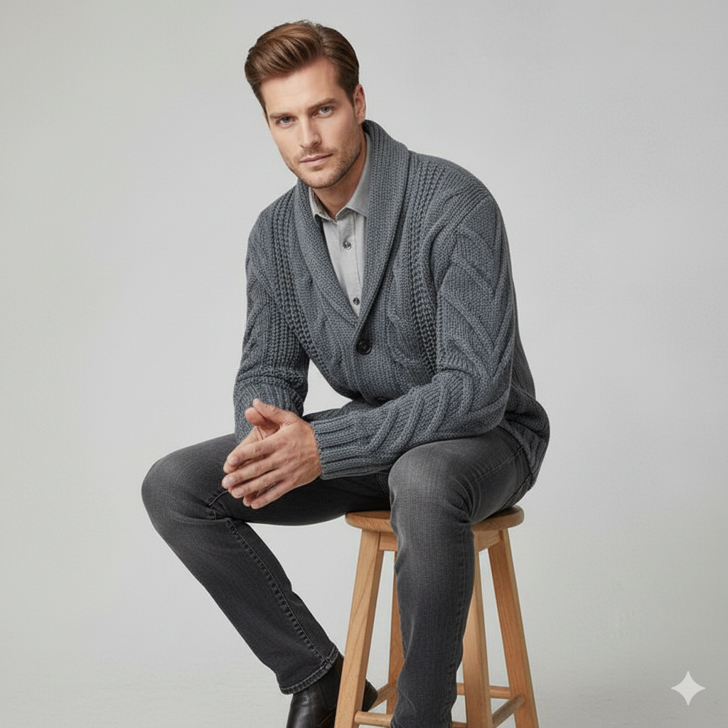 Herren Strickjacke mit Schalkragen und Zopfmuster | Winter