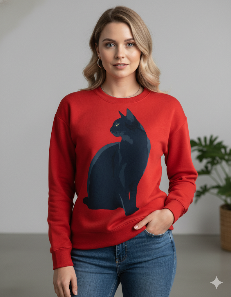 Damenpullover mit Rundhalsausschnitt und Katzenprint | Freizeit