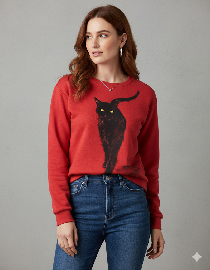 Damenpullover mit Rundhalsausschnitt und Katzenprint | Freizeit