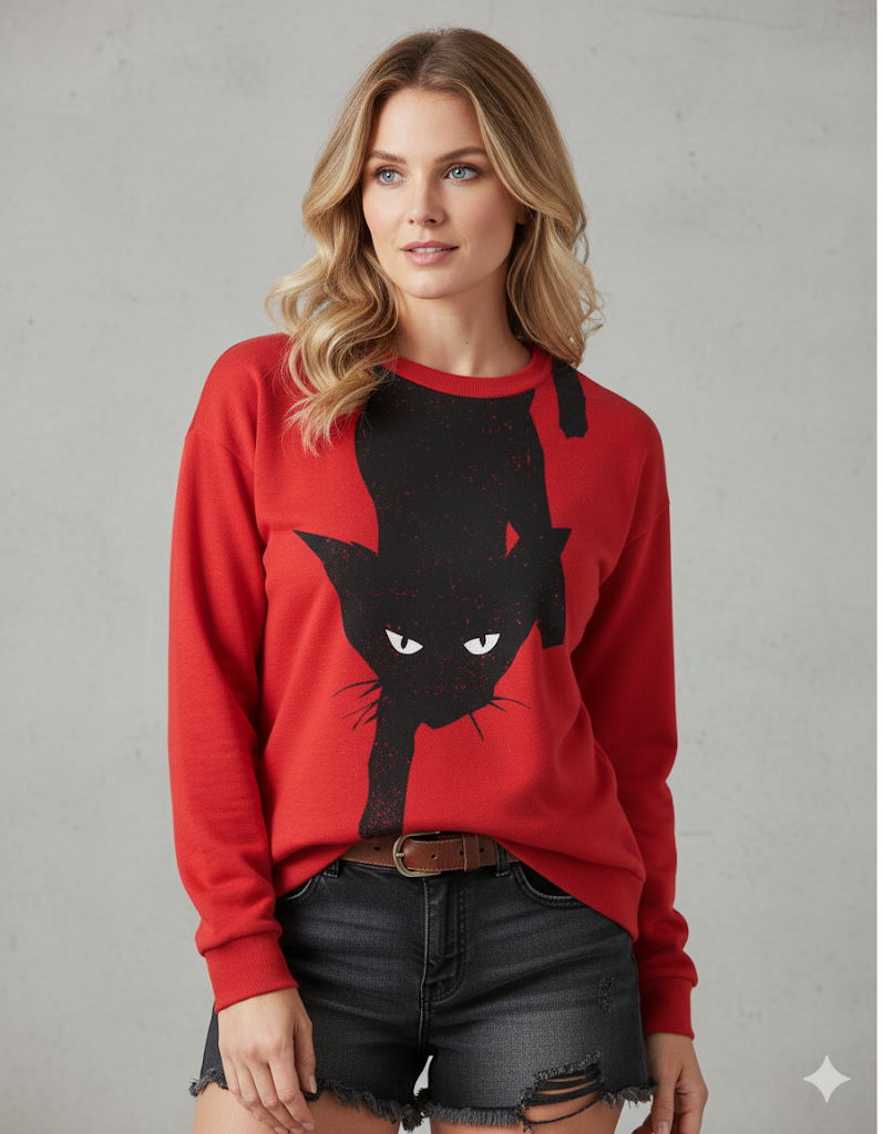 Damenpullover mit Rundhalsausschnitt und Katzenprint | Freizeit