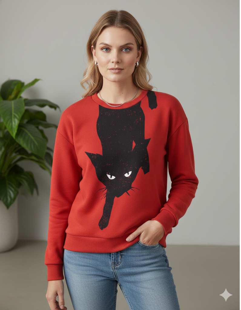 Damenpullover mit Rundhalsausschnitt und Katzenprint | Freizeit