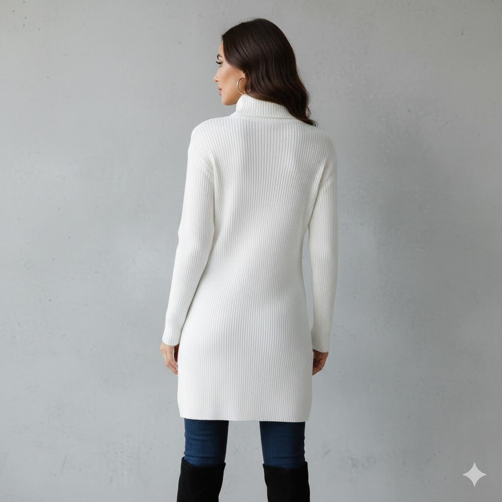 Damen Rollkragen Kleid lang | Eleganter Strick & Knopfdetail Winter