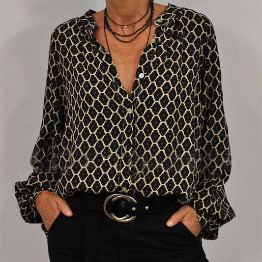 Tanya – Lässiges Rautenprint V-Ausschnitt Langarmshirt für Damen