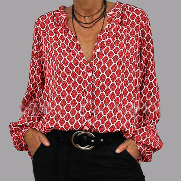 Tanya – Lässiges Rautenprint V-Ausschnitt Langarmshirt für Damen