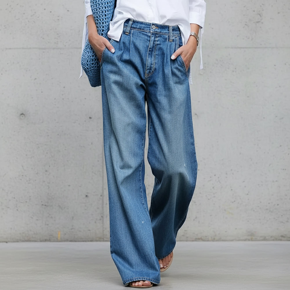 Lässige Damen High Waist Jeans | Weites Bein