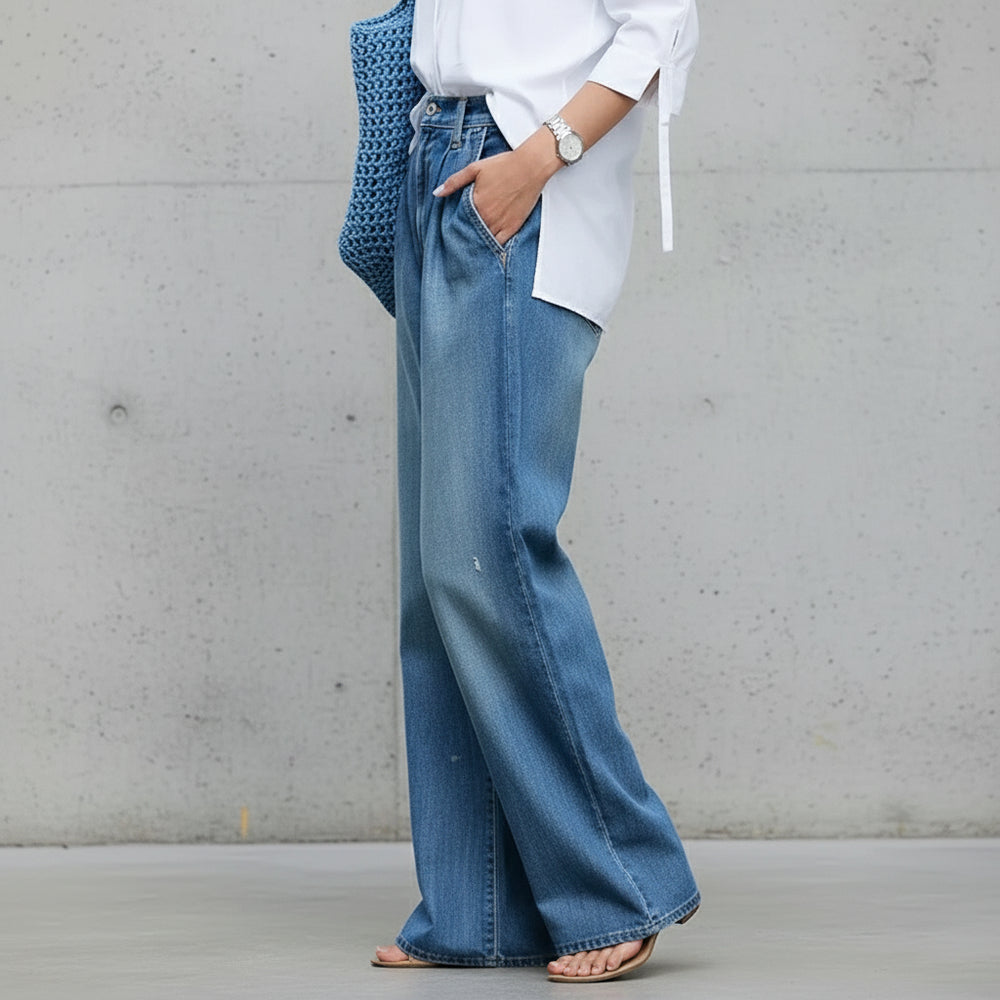 Lässige Damen High Waist Jeans | Weites Bein