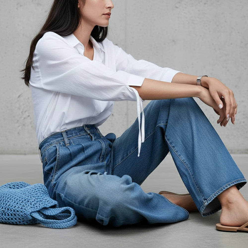 Lässige Damen High Waist Jeans | Weites Bein