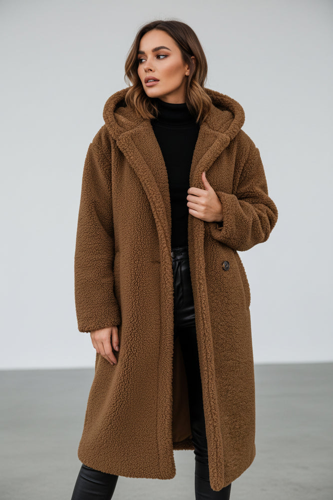 Warmer Damen Teddymantel mit Kapuze | Winter