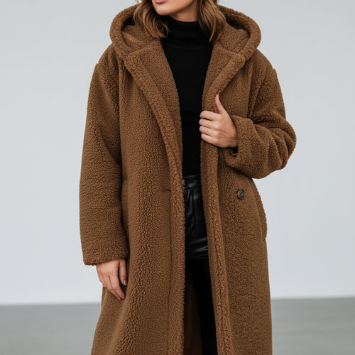 Warmer Damen Teddymantel mit Kapuze | Winter