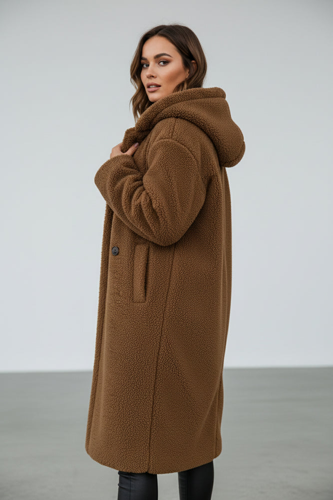 Warmer Damen Teddymantel mit Kapuze | Winter