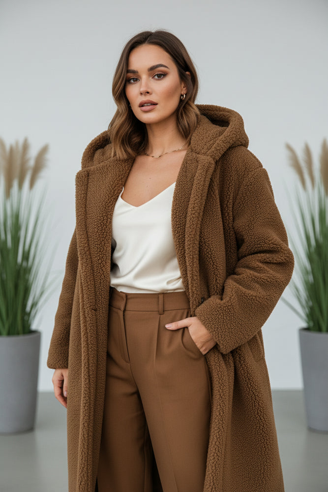 Warmer Damen Teddymantel mit Kapuze | Winter