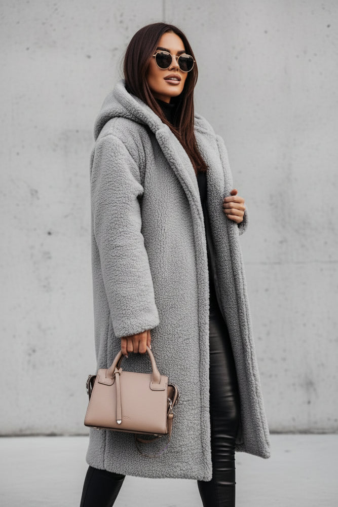 Warmer Damen Teddymantel mit Kapuze | Winter
