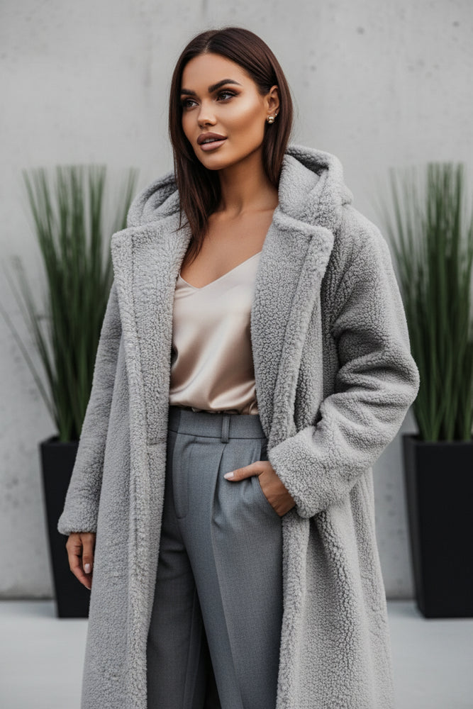 Warmer Damen Teddymantel mit Kapuze | Winter