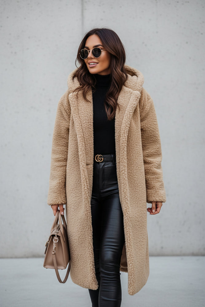 Warmer Damen Teddymantel mit Kapuze | Winter