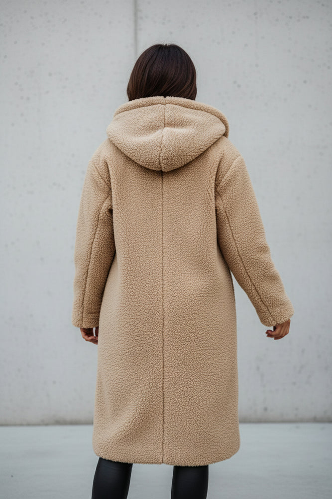 Warmer Damen Teddymantel mit Kapuze | Winter