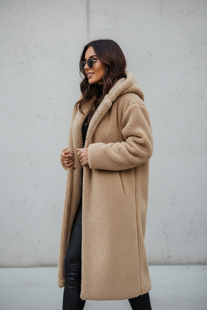Warmer Damen Teddymantel mit Kapuze | Winter