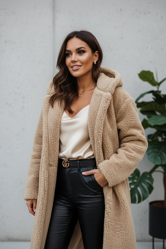 Warmer Damen Teddymantel mit Kapuze | Winter