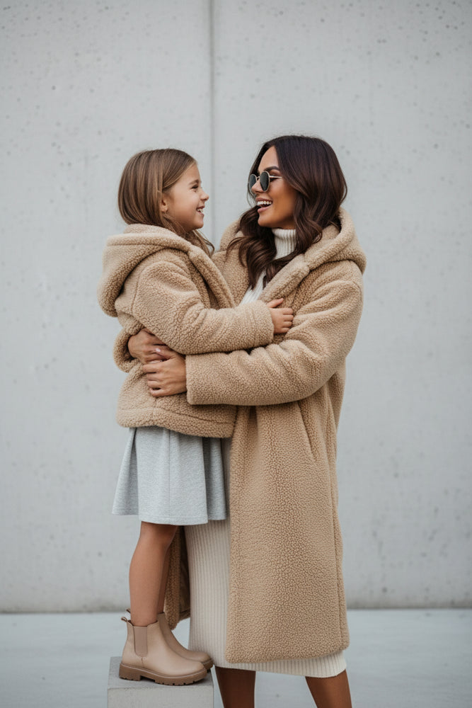 Warmer Damen Teddymantel mit Kapuze | Winter