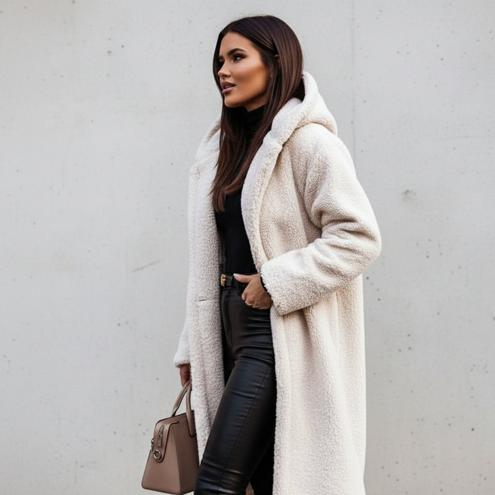 Warmer Damen Teddymantel mit Kapuze | Winter