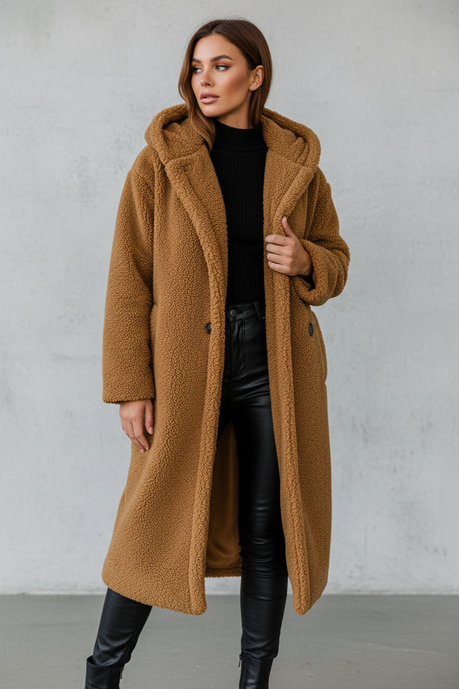 Warmer Damen Teddymantel mit Kapuze | Winter