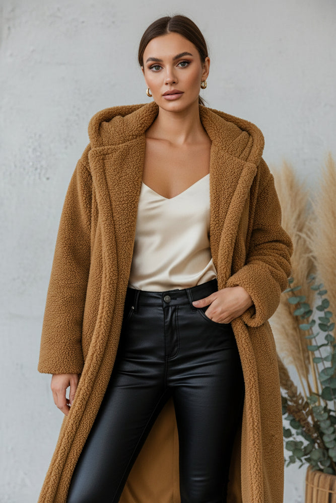 Warmer Damen Teddymantel mit Kapuze | Winter