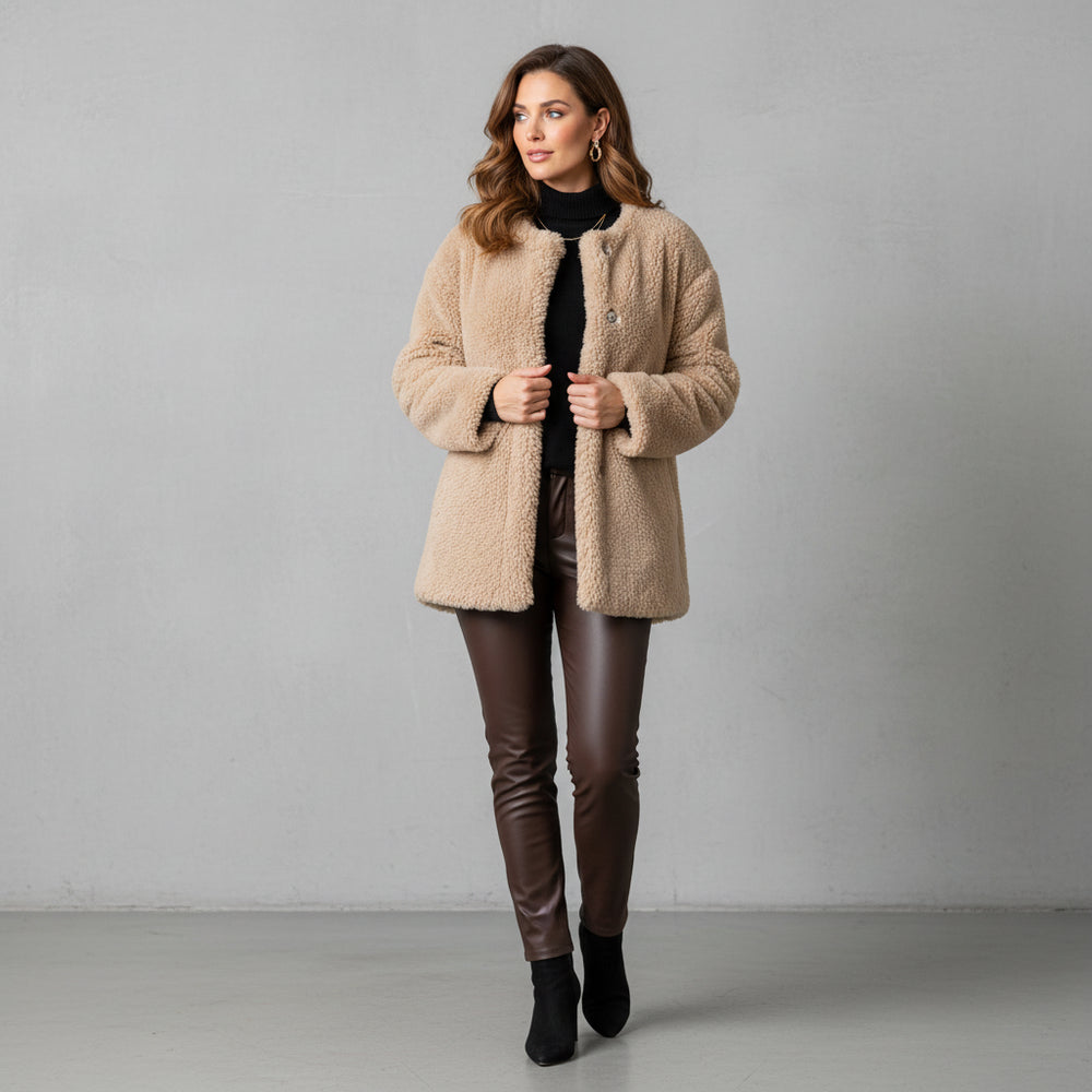 Warmer Damen Teddymantel mit Kapuze | Winter