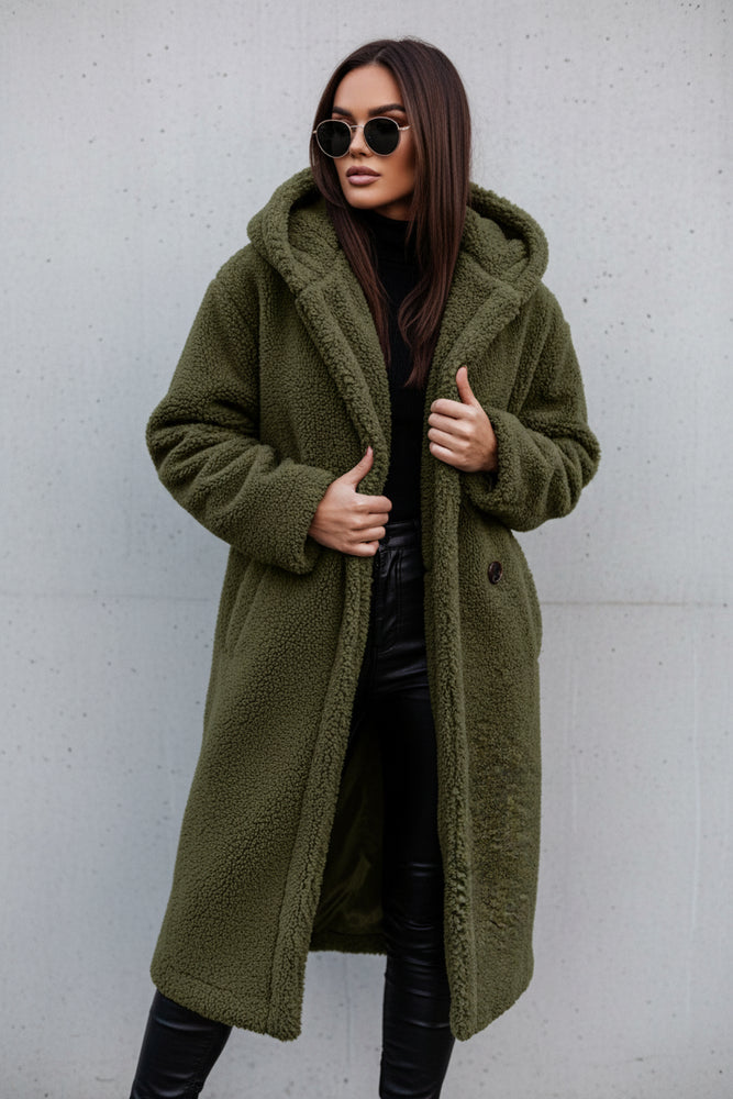 Warmer Damen Teddymantel mit Kapuze | Winter