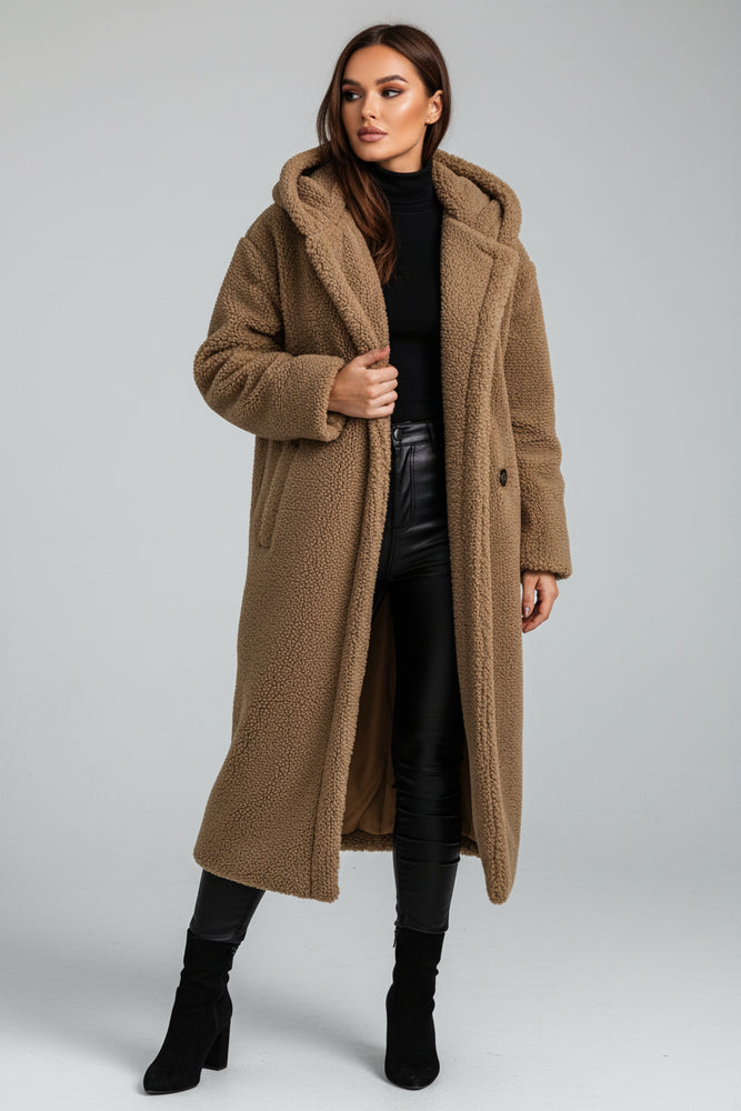 Warmer Damen Teddymantel mit Kapuze | Winter